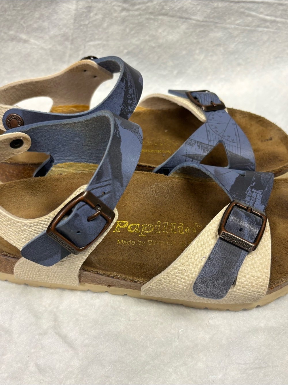 Birkenstock Blue and Cream Strappy Cork Footbed Sandals - Picture 2 of 7